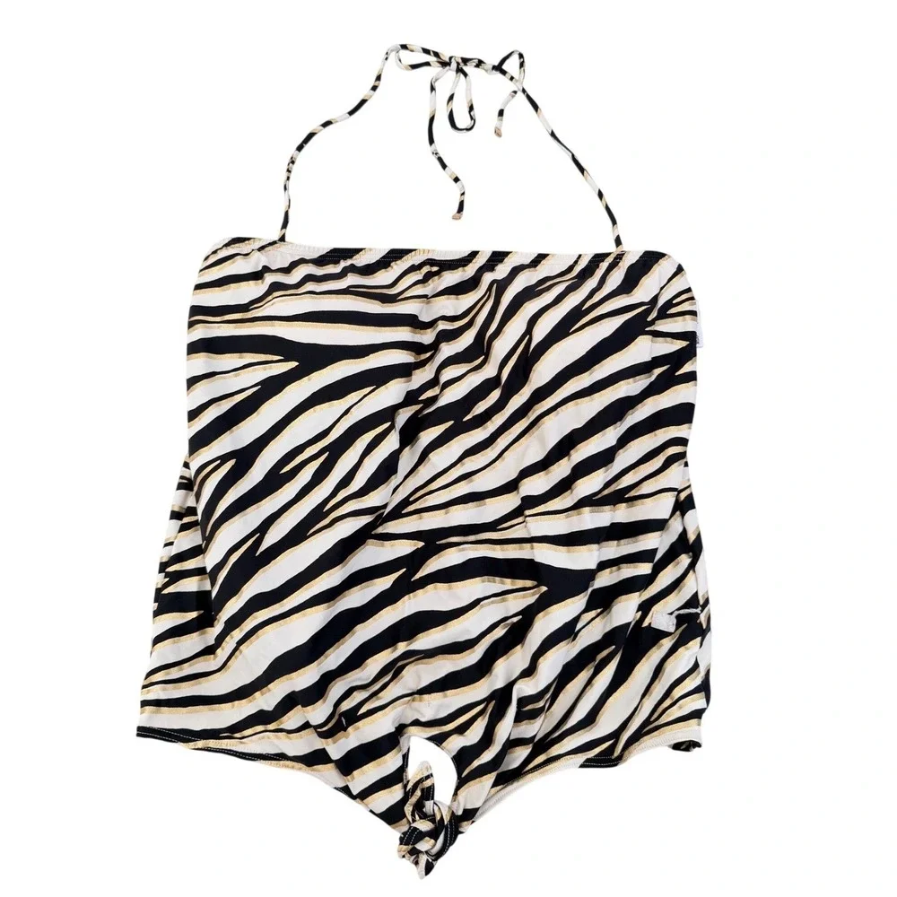 Michael Kors Zebra Metallic Gold Foil Tankini Swim Top Black White Large NEW